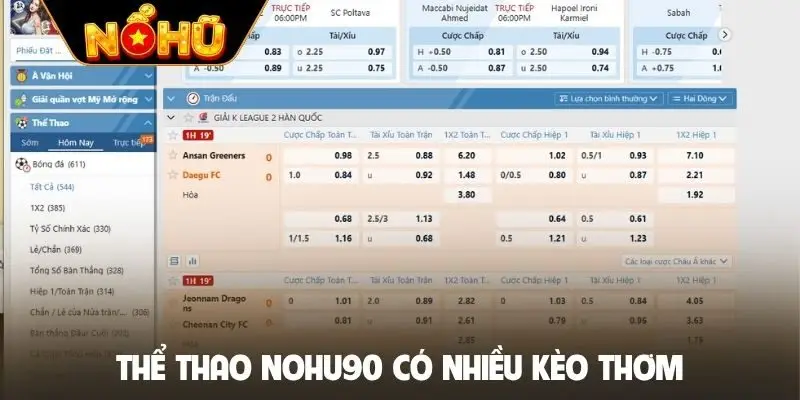 Thể thao Nohu90 có nhiều kèo thơm